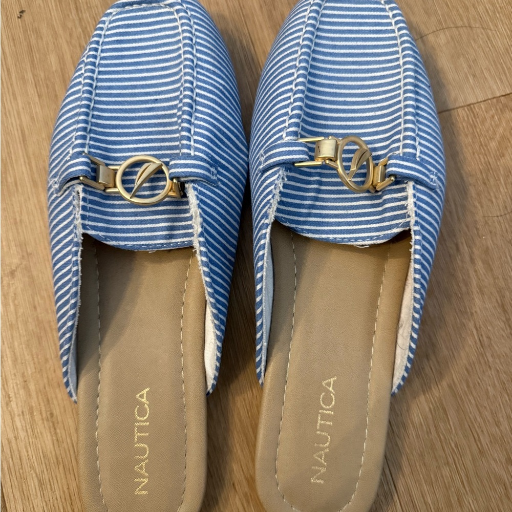 Nautica Blue and White Striped Mules